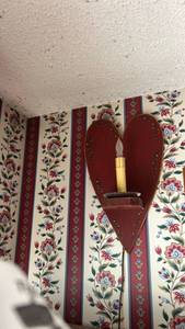 lot 40024 image: Red Painted Wood Wall Sconce with Candle Holder