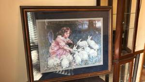 lot 40026 image: Girl Feeding Rabbits Framed Wall Art Print