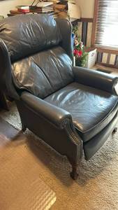 lot 40028 image: Blue Leather Wingback Armchair with Nailhead Trim