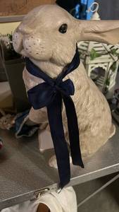 lot 40039 image: Ceramic Rabbit Figurine with Navy Blue Ribbon Bow
