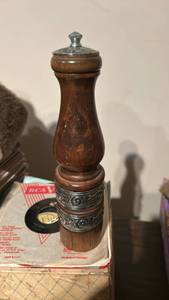lot 40042 image: Wooden Pepper Mill with Decorative Metal Bands