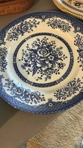 lot 40046 image: Blue and White Transferware Floral Dinner Plate