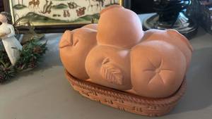 lot 40049 image: Terra Cotta Fruit Shaped Bread Basket with Woven Base