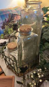 lot 40060 image: Clear Glass Storage Jars with Cork Lids and Metal Stand