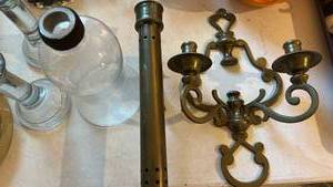 lot 40063 image: Traditional Brass Wall Sconce Set with Glass Hurricane Shades