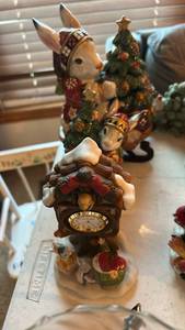 lot 40066 image: Fitz & Floyd Collection of Christmas Rabbit Family Cuckoo Clock Figurine