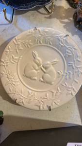 lot 40070 image: White Ceramic Decorative Plate with Embossed Rabbit Design