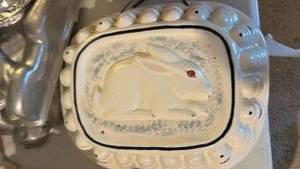 lot 40077 image: White Ceramic Serving Bowl with Swan Design and Decorative Border