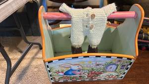 lot 40078 image: Handmade Knit Baby Outfit with Decorative Wooden Storage Caddy