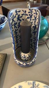 lot 40091 image: Blue and White Floral Ceramic Candle Holder with Pillar Candle
