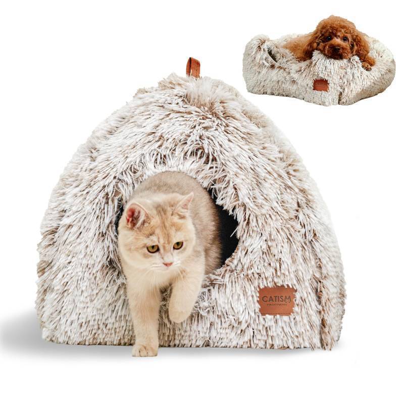 lot 36213 image: Cat Bed, Cat Cave for Indoor Cats, Soft Cat Dome, Self-Warming 2 in 1 Foldable Pet Cat House with Washable Cushioned Pillow Calming Fluffy Dog Beds for Small Dogs with Anti-Slip Bottom Brown - Retail $35