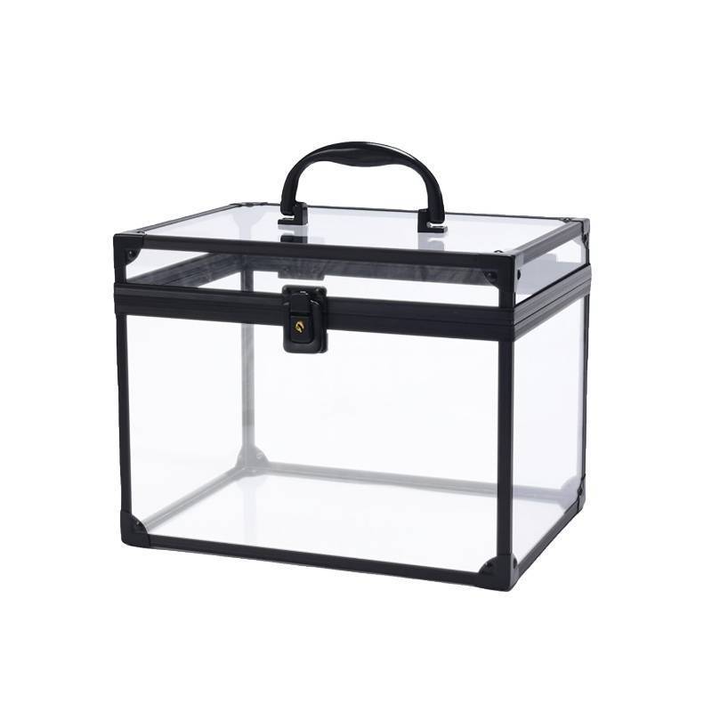 lot 36218 image: Crown Box, Clear Cosmetic Case, Acrylic Artists Display Case, Toiletry Train Case with Latches & Handle Large Capacity Acrylic Travel Makeup Tools Box for Vanity Dresser Bathroom Counter. Hairline Crack into Back Corner. - Retail $43