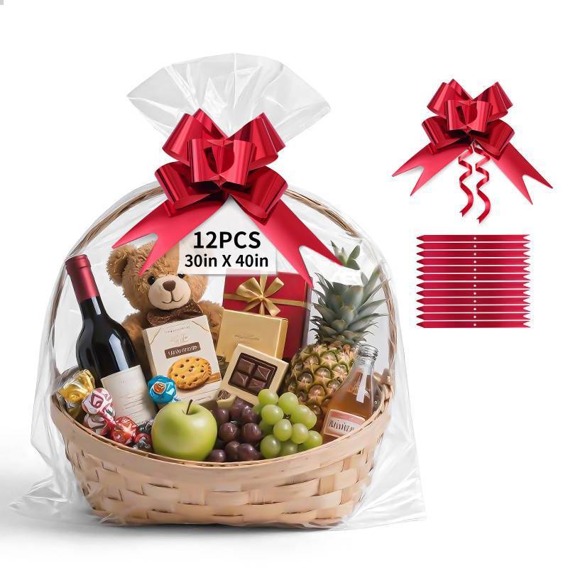 lot 36306 image: 12 PCS Large Cellophane Bags, 30x40inches Cellophane Wrap for Gift Baskets, Clear Basket Bag with 12 PCS Red Pull Bows - Retail $8