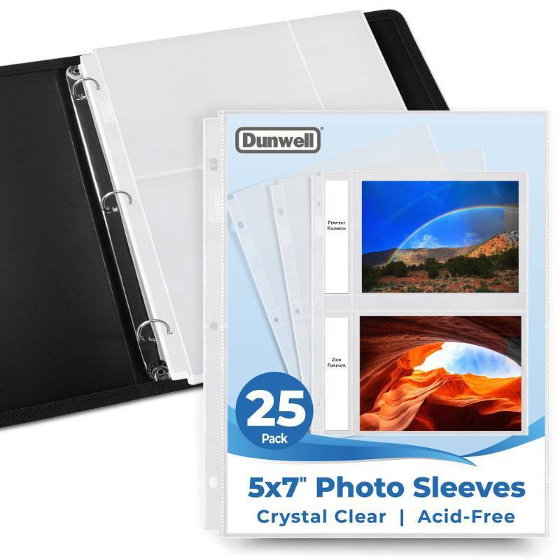 lot 36307 image: 5x7 Photo Sleeves for 3-Ring Binder, (25 Pack) for 100 Pictures, Each Sheet Holds Four 5 x 7 Pictures or Postcards, Acid-Free Poly Plastic Photo Album Refill Pages - Retail $9