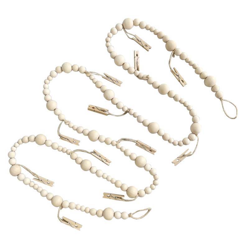 lot 36308 image: 7 Feet Hanging Photo Display with Clips Boho Decor Wooden Bead Garland Birthday Photo Display Holder Frame Decoration for Dorms, Classrooms, Bedrooms - Retail $12