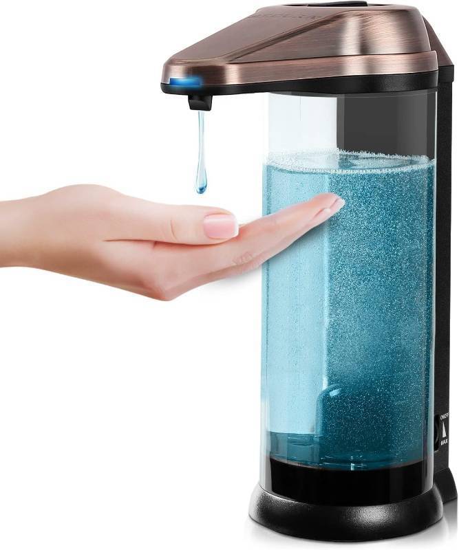 lot 36353 image: 17oz Automatic Liquid Soap Dispenser, Touchless Battery Operated Hand Soap Dispenser with Adjustable Soap Dispensing Volume Control Dial, Personal Care Dispenser (Antique Copper) - Retail $30