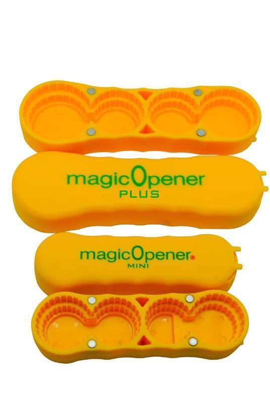 lot 36375 image: magic Opener COMBO 1 mO MINI for small plastic caps & 1 mO PLUS for larger plastic caps See Pictures for Better Understanding Soda Opener - Water Opener Twist-off Good for 16 sizes Help Aids - Retail $30
