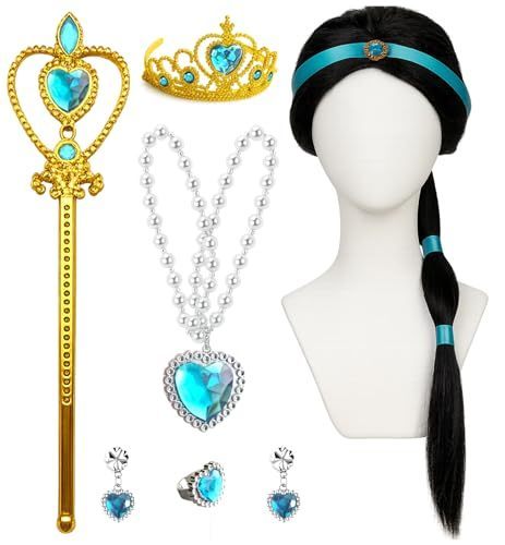 lot 36411 image: Black Long Wig for Women & Cosplay Accessories - Convenient Set Includes Adjustable Wig Cap, Necklace, Crown, Wand, Cosplay Wig for Halloween, Costume, Party and Daily Use - Retail $40
