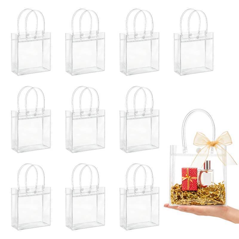 lot 36447 image: Clear Gift Bags with Handles - 8 Party Favor Candy Bags, Plastic Goodie Bags Transparent, Valentines, Mothers Day, Christmas, Baby Shower, Wedding, Birthday, Mini 5.9 x 6.3 - Retail $7