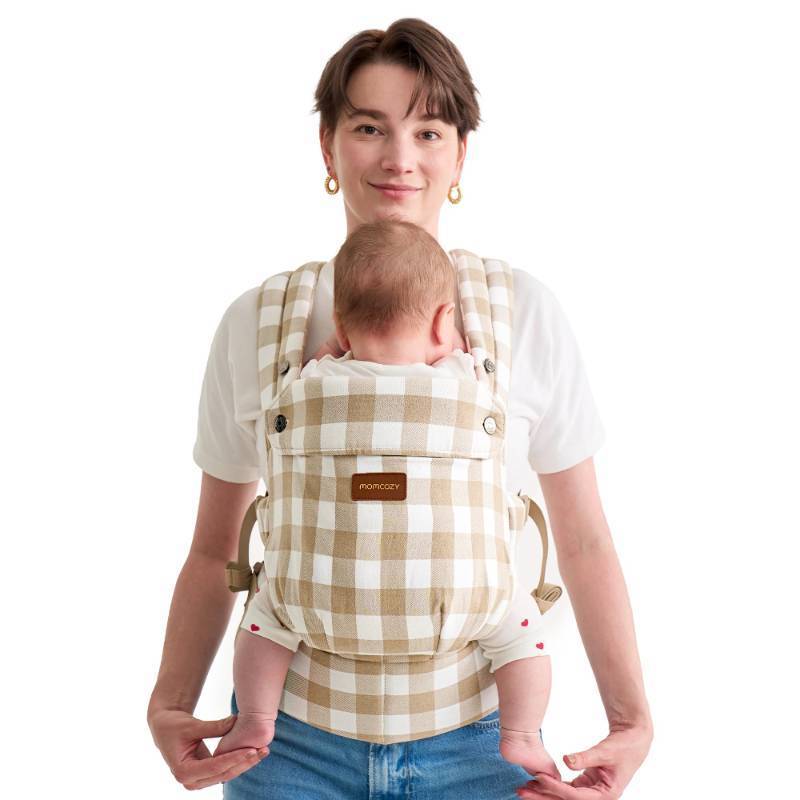 lot 36448 image: Baby Carrier with Natural Cotton Linen, Built to Last, Ergonomic Design, Lightweight and Comfortable, Hands-Free for Moms&Dads, Brown Checkerboard - Retail $76