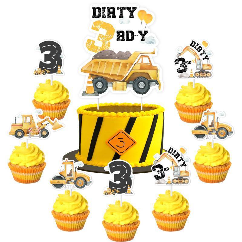 lot 36495 image: Dirty 3rd Birthday Boy Decorations - Construction 3rd Birthday Cake Topper, Excavator 3 Year Old Decoration - Retail $9