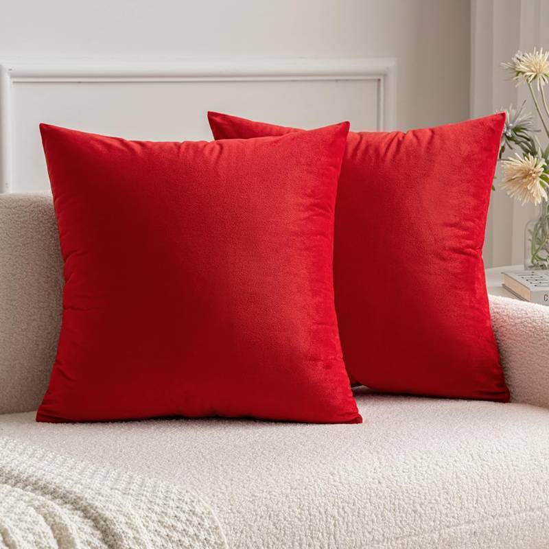 lot 54595 image: Pack of 2 Christmas Bright Red Velvet Throw Pillow Covers 22x22 Inch Soft Solid Decorative Square Cushion Cases for Couch Sofa Bedroom - Retail $25