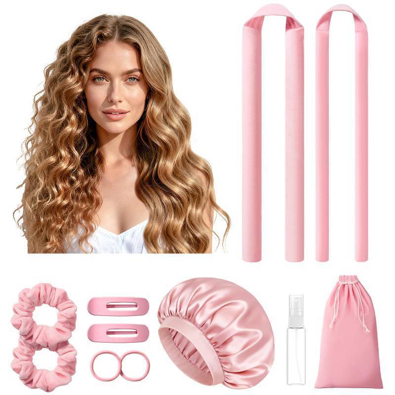 lot 56022 image: Heatless Curls Overnight, 2 Sizes of Soft Hair Rollers for Women with Bonnet to Sleep In, No Heat Hair Curlers Set with Scrunchies and Clips, for Long and Medium Hair (Pink) - Retail $16