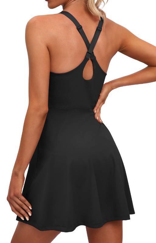 lot 36162 image: Womens Tennis Dress Built in Shorts & Bra Adjustable Straps Exercise Workout Dress with Pockets Golf Athletic Dresses Black. Size- L - Retail $28