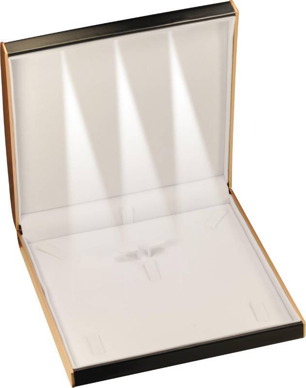 lot 36167 image: LED Black Extra Large Necklace Pendant Earrings Ring Bracelet Box Luxury PU Leather Dome Top Designed with Gold Color Painted on the Sides Big Jewelry Sets Gift Holder Box with Light for Men for Women - Retail $17