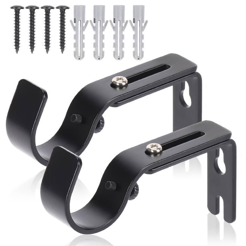 lot 36182 image: Premium Curtain Rod Brackets for Wall - Adjustable Hooks, Iron Holders for 1 Inch Rod - Black (2 PCS) - Retail $6