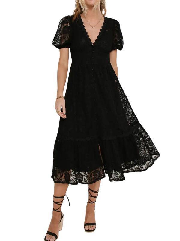 lot 16343 image: Lace Dress for Women 2025 V-Neck Lantern Sleeve Hollow Out Button Down Slim High Wasit Midi Dress (Large, Black) - Retail $36
