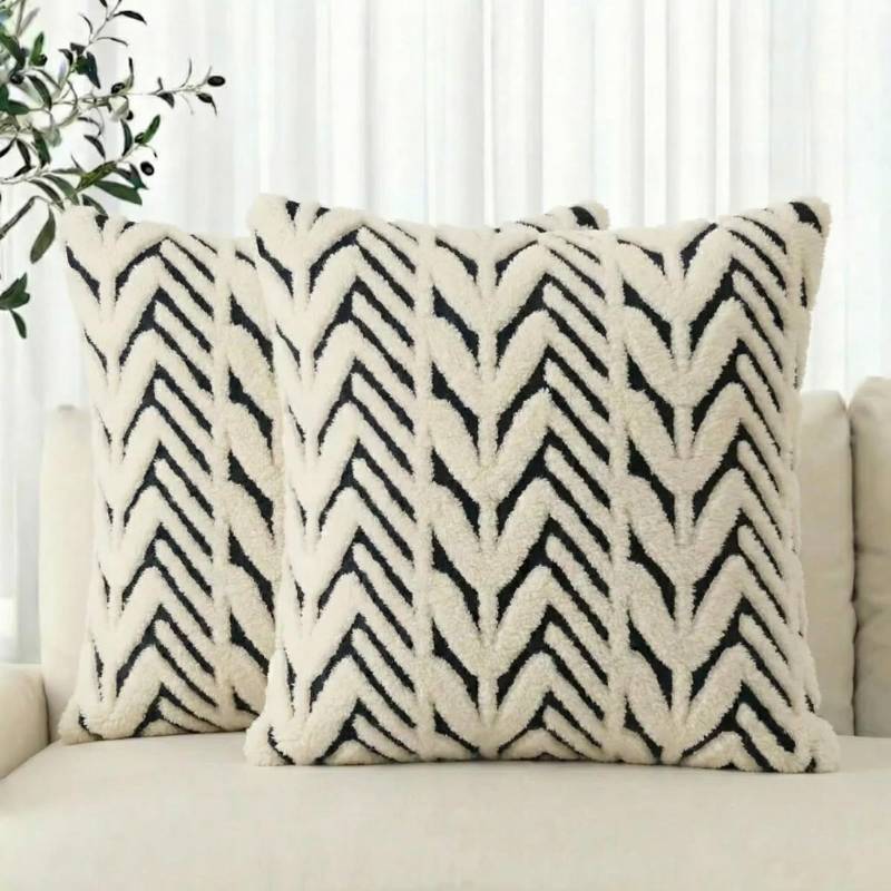 lot 16376 image: Black White Stripe Beige Throw Pillow Covers, 18 x 18 Inch Holiday Soft Plush Faux Fur Jacquard Cushion Case Decoration for Home Sofa Couch Set of 2 - Retail $13