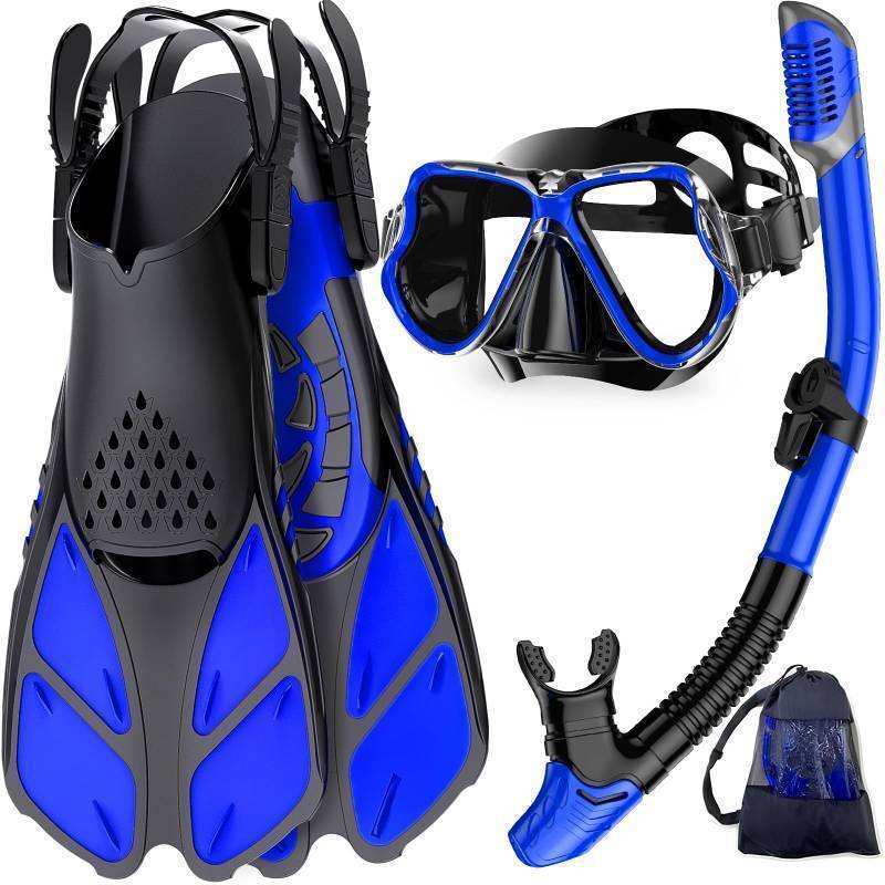 lot 35319 image: Mask Fins Snorkel Set, Snorkeling Gear for Adults, Panoramic View Snorkel Mask Anti-Fog, Adjustable Dive Flippers, Dry Top Snorkel and Travel Bag, Scuba Gear for Swimming Snorkeling Diving - Retail $39