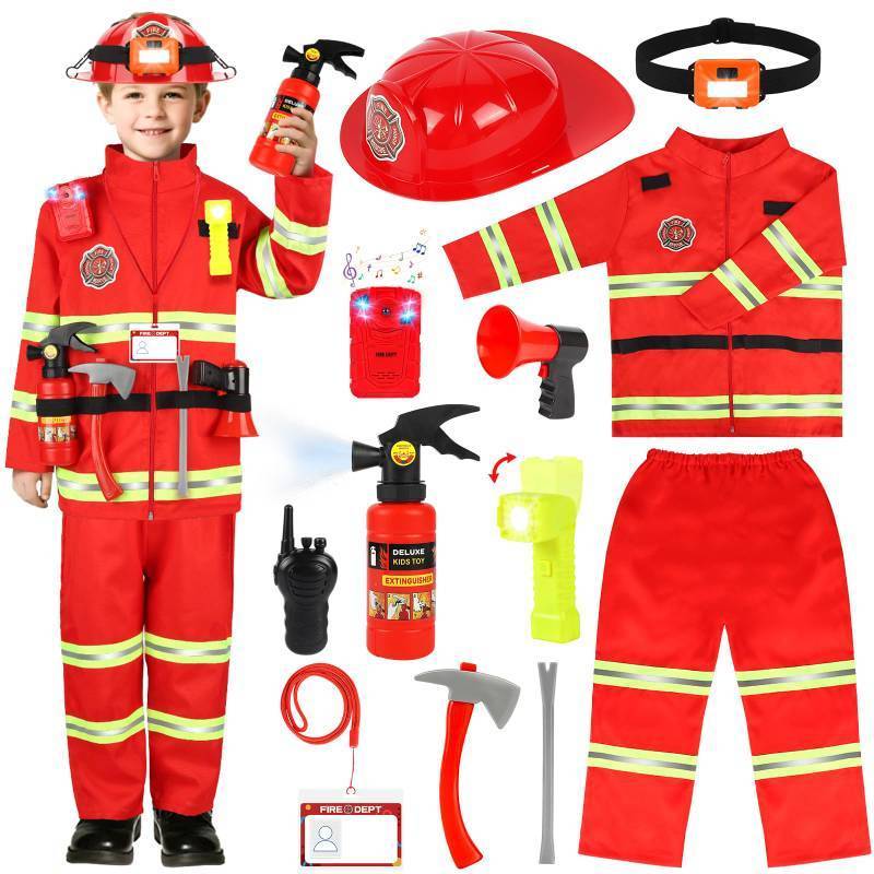 lot 36222 image: Firefighter Costume for Kids, Fireman Costume with Firefighter Tools, Fire Extinguisher, Helmet Light, Right Angle Flashlight, Kids Dress Up Clothes, Pretend Play Toys Gifts for Boys Age 4 - Retail $24
