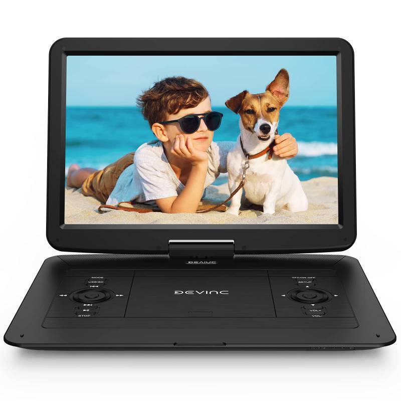 lot 56477 image: DEVINC 17.9 Portable DVD Player with 15.6 HD Swivel Screen, Support Multiple DVD CD FormatsUSBSD CardSync TV, 6 Hours Rechargeable Battery, Car Charger, Remote Control, Region Free - Retail $1,288