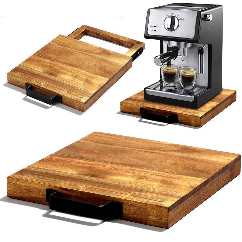 lot 56501 image: Natural Acacia Sliding Tray for Coffee Machine Kitchen Appliance slider Moving Caddy, Appliance Slider, Appliance Rolling Stand Air Fryer Rolling Tray - Retail $40