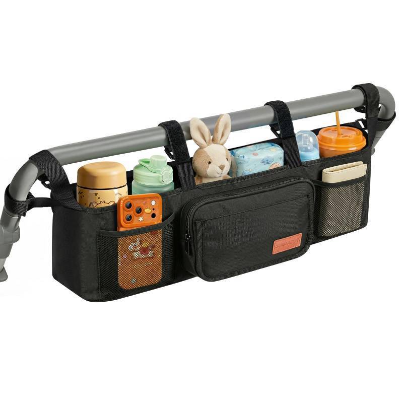lot 26690 image: Double Stroller Organizer with 2 Insulated Cup Holders Parent Console Double Jogging Stroller Accessories Fits for Baby Jogger City Mini GT2 and Jeep Double Stroller - Retail $29
