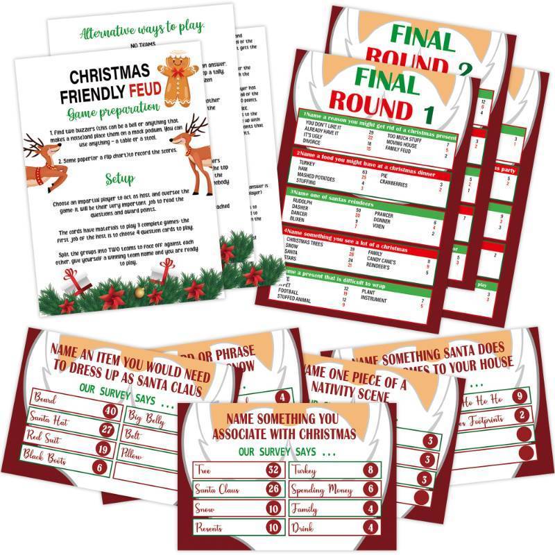 lot 45556 image: Christmas Friendly Feud Game, Friendly Feud Quiz, Baby Shower Game Cards for Adults, Family Activity, Feud Trivia Quiz, Games for Families Party Winter Party Supplies-LP6 - Retail $7