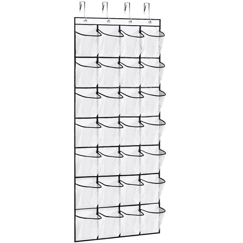 lot 56573 image: 28Large Pockets Over The Door Shoe Organizer, Hanging Shoe Organizer for Closet, Premium Clear Shoe Rack for Door, Shoes Hanger Organizers Storage Holder for Back of Door and 4Metal Hook White - Retail $9
