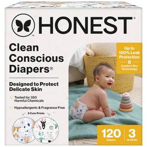 lot 16547 image: The Honest Company Comfort Dry Disposable Diapers for Sensitive Skin, Hypoallergenic, Space Travel  Its a Pawty, Super Club Box Size 3, (16-28 lbs), 120 Count - Retail $50