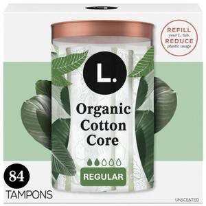 lot 16564 image: Cotton Tampons Regular Absorbency, Contains an Organic Cotton Core, Made Without Synthetic Pesticides, or Fragrances 84 Count (2 Packs of 42) - Retail $27