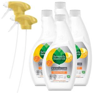 lot 16565 image: Seventh Generation Lemongrass Citrus Disinfecting Multi-Surface Cleaner - 26 Oz, Pack of 4. Open Bottle Taped saying Opened but Still Feels Full. - Retail $22