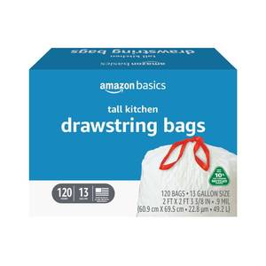 lot 16572 image: Amazon Basics 13 Gallon Tall Kitchen Drawstring Trash Bags, Unscented, 10% Post Consumer Recycled, 120 Count, White - Retail $20