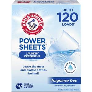 lot 16574 image: ARM & HAMMER Power Sheets Laundry Detergent, Fragrance Free, No Dyes or Perfumes, Lightweight and Travel-Friendly, 60 Count, Up to 120 Small Loads - Retail $14