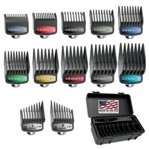 lot 16578 image: Wahl Genuine SECURE-SNAP Guide Comb Set with Colored Metal Clips and Guard Organization Caddy, 12 Full Size Attachment Guards from 116�� to 1�� for Increased Cutting Performance Grey - 3291-300 - Retail $40