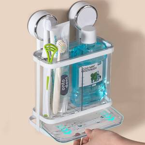 lot 16580 image: Toothbrush Holders Wall Mounted for Bathrooms, Suction Cup Electric Tooth Brush and Toothpaste Organizer Razor Holder for Shower, Countertop, Vanity, Clear - Retail $15
