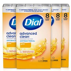 lot 16584 image: Dial Antibacterial Deodorant Bar Soap, Advanced Clean Gold, 4 Oz, 32 Bars, Round the Clock Odor Protection, Dermatologist Tested, With Clean Rinse. ONE BAR MISSING. - Retail $28