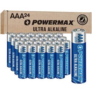 lot 16599 image: Powermax 24-Count Triple AAA Batteries, Ultra Long Lasting Alkaline Battery for Home and Office, 10-Year Shelf Life, Re-closable Packaging - Retail $7
