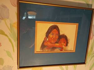 lot 923 image: Native American Mother and Child Framed Print.  Shows artist signature   16702000.  11 x 14