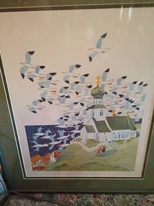 lot 928 image: Framed Art print Rie Munoz.  Kittiwakes at St. George. 11021250.   28 x 23